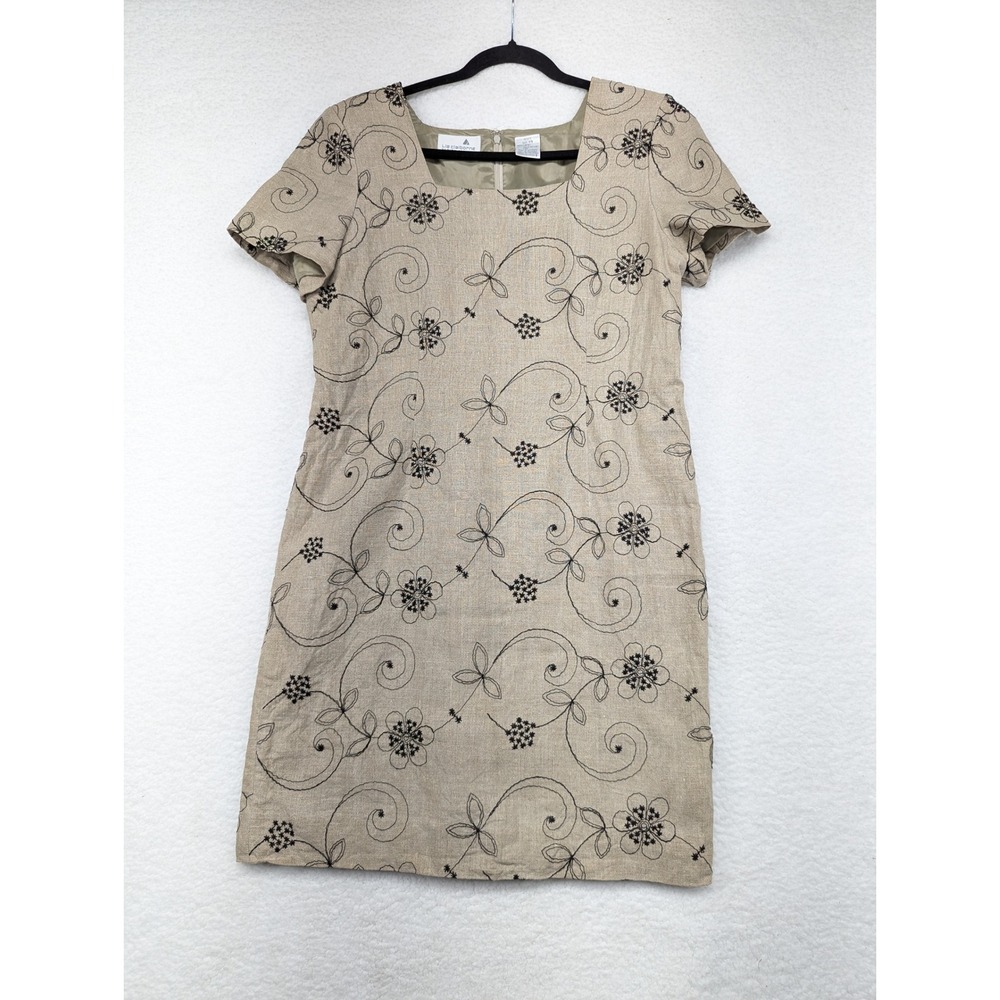 Liz‎ Claiborne Petite Beige Floral Embroidered Linen Blend Dress 14